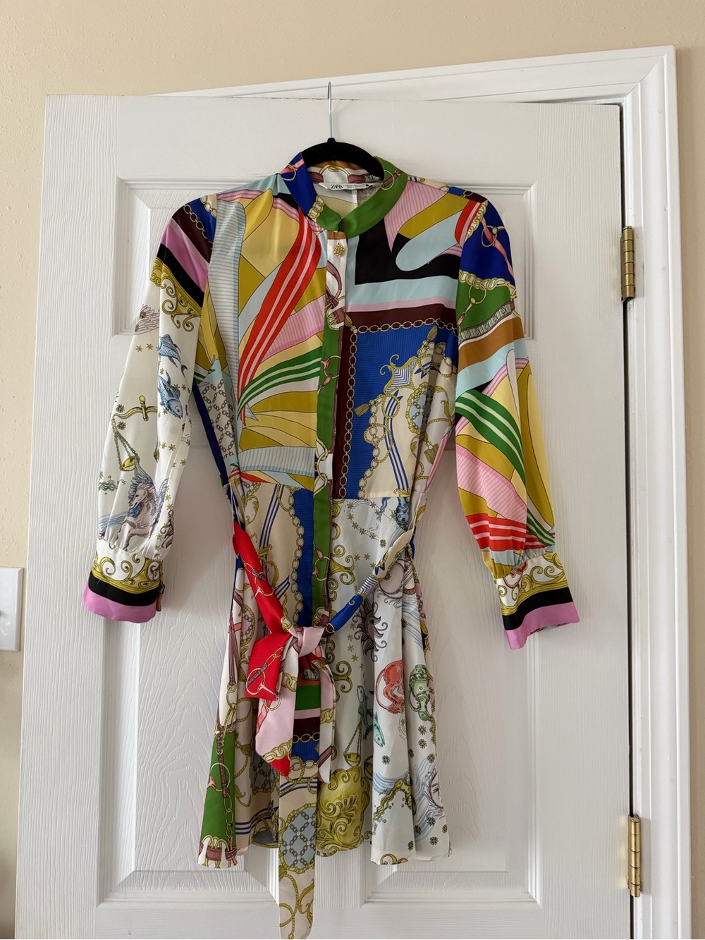 Zara Multicolor Printed Belted Shirt Dress